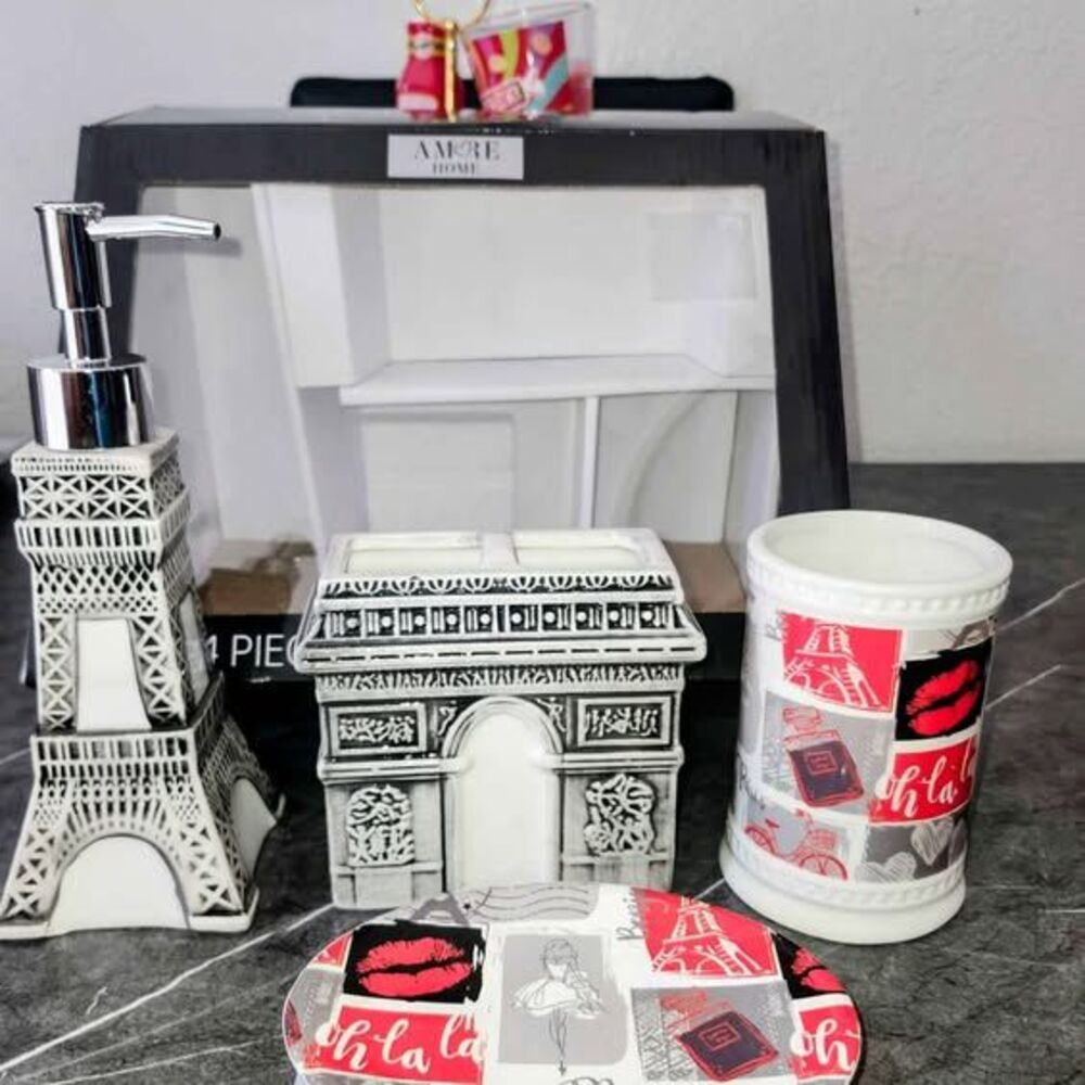 AMORE HOME 4 Piece Paris Theme Ceramic Bath Set Eiffel Tower Arc de Triomphe
